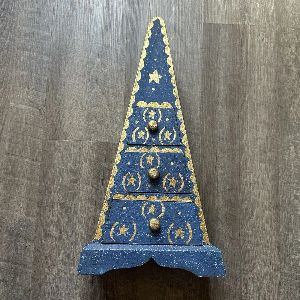 VTG Folk Art Wood Pyramid Drawers Hand Painted? Celestial Sun Moon Vintage Chest